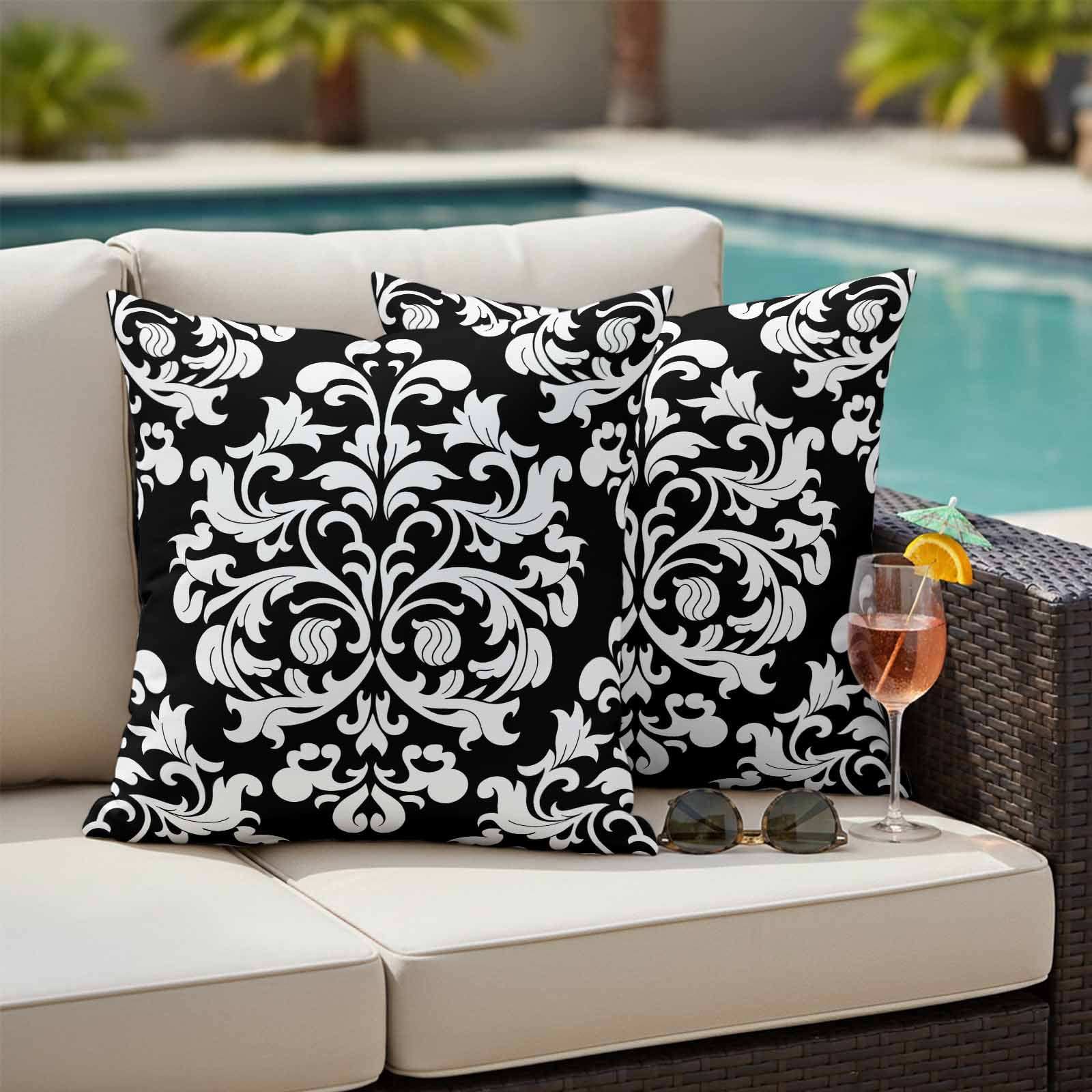 Baroque Black Outdoor Pillow Covers 16x16 Inch Throw Pillow Covers Set of 2 Waterproof Decorative Pillow Cases Vintage Damask Classic Floral Cushion Covers for Patio Furniture Garden Couch Sofa