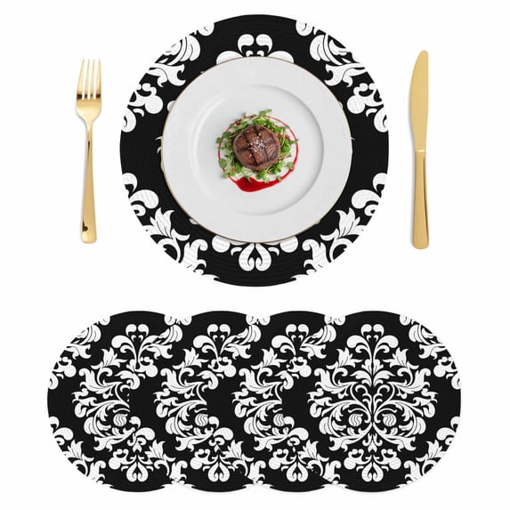 Baroque Black Round 15 Inch Placemats Set of 4, Vintage Damask Classic Floral HeatResistant Non Slip Place Mats for Dining Table, Wipeable Braided Kitchen Table Mats for Housewarming
