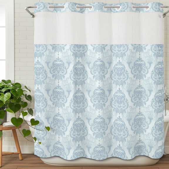 Baroque Blue Floral Pattern No Hook Shower Curtain with Snap in Liner Set,Mid Century Exquisite Flower Waterproof Fabric Shower Curtains with See Through Top Window for Bathroom,72Wx72L
