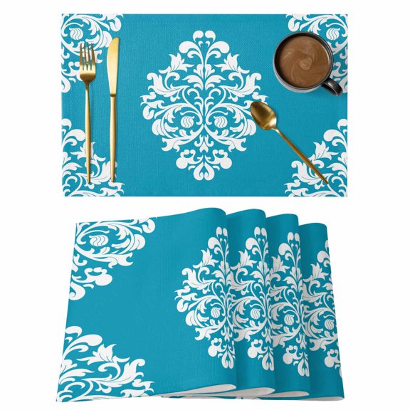 Baroque Blue Placemats Set of 4 Vintage Damask Classic Floral Place Mats Indoor Wipeable Table Mats Washable Cloth Dining Table Placemats for Kitchen Holiday Party Home Decor 13x19 Inch