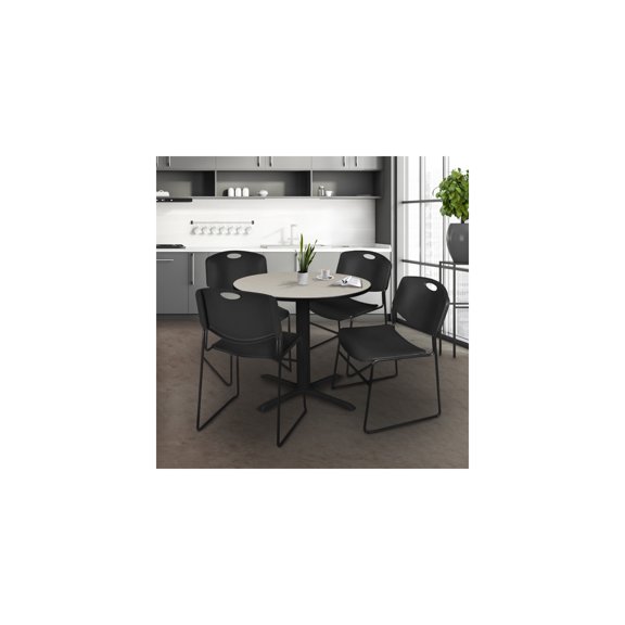 Baroque Bonanza Round Breakroom Table in Maple Finish with 4 Stackable Black Chairs Offering Timeless Style and Functional Seating