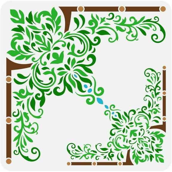 Baroque Border Painting Stencil 11.8x11.8inch Reusable Damask Corner Pattern Drawing Template DIY Elegant Brocade Flower Stencil