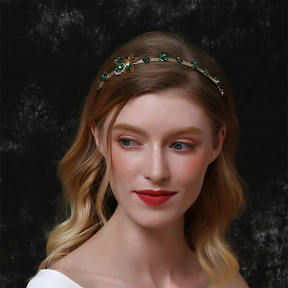 Baroque Bridal Crystal Headband Vintage Embellished Green Rhinestone Crown Thin Bee Hair Hoop for Women
