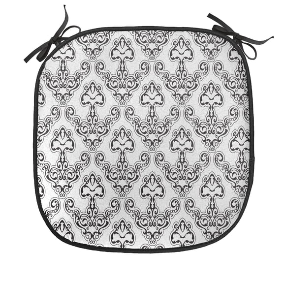 Baroque Chair Seating Cushion, Simplistic Antique Ornament with Monochrome Design and Swirling Motifs, Soft Seat Pads for Office with Anti-slip Backing, 16"x16", Charcoal Grey and White, by Ambesonne