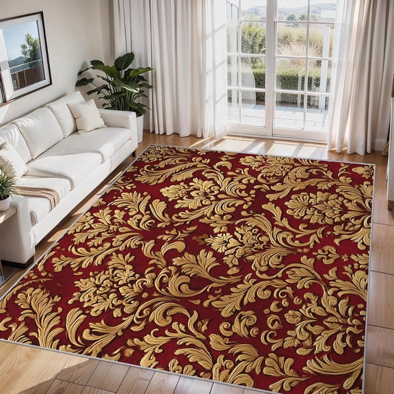 Baroque Damask Area Rug Red Gold Vintage Floral Carpet Washable Non Slip Soft Living Room Bedroom Entrance Mat 2x3ft
