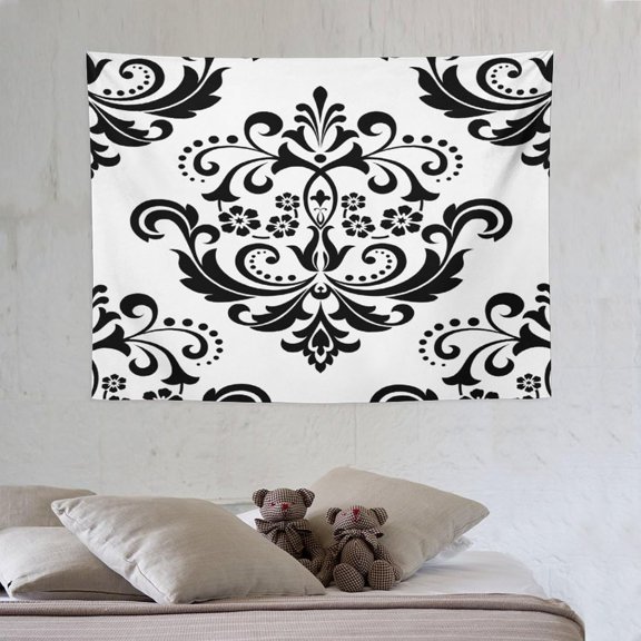 Baroque Damask Floral Pattern Tapestry Wall Hanging Flowers on Black And White Antique Gothic Tapestries Home Decor for Living Room Bedroom Farmhouse Apartment Dorm 30"x40"