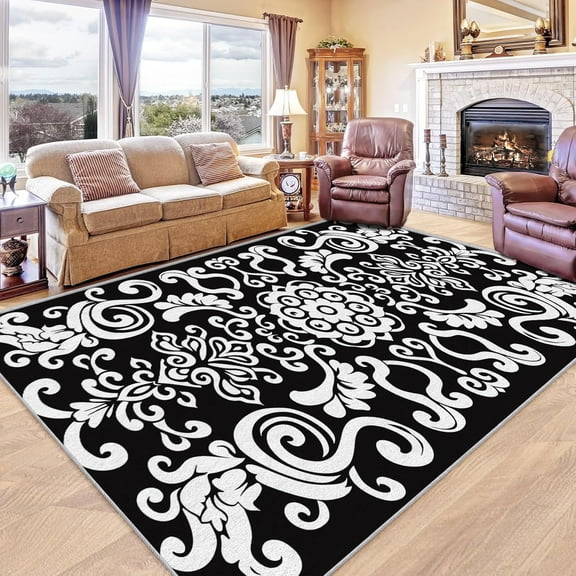 Baroque Damask Rug, Washable Black And White Floral Rugs For Living Room Bedroom, Vintage Gothic Area Rug For Home Decor, Non Slip Backing Floor Carpet 5x6ft