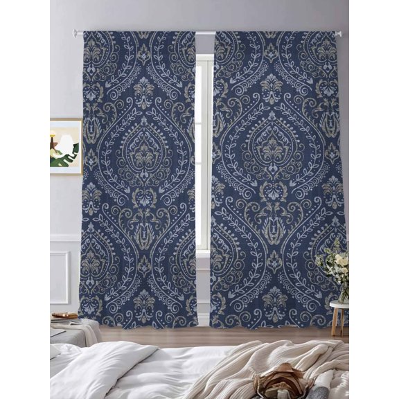 Baroque Dark Blue Retro Floral Texture Sheer Curtains 2 Panels Set Ethnic Bohemian Pattern Lihgt Filtering Rod Pocket Voile Drape,Semi Sheer Window Curtains for Bedroom Living Room,52"x84"