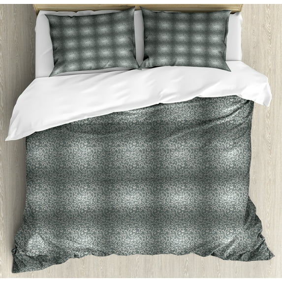 Baroque Duvet Cover Set, Continuing Pattern of Curving Hand Drawn Floral Strokes in Greyscale, Decorative 3 Piece Bedding Set with 2 Pillow Shams, King Size, Dimgray Pale Taupe White, by Ambesonne