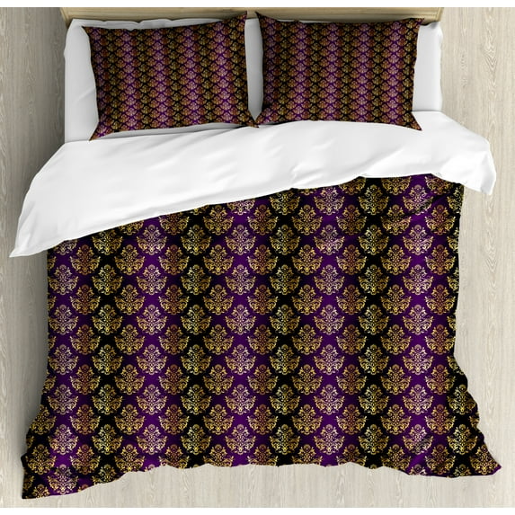 Baroque Duvet Cover Set Queen Size, Repeating Composed of Dots Strokes and Flourishes Vintage Feels, Decorative 3 Piece Bedding Set with 2 Pillow Shams, Plum Mustard Dark Yellow, by Ambesonne