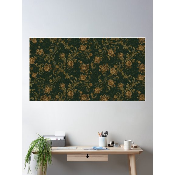 Baroque Elegance: Golden Roses In A Damask Pattern On A Dark Green Background. Poster Wall Art, Modern Wall Decor For Living Room Bedroom, 8x12 UNFRAMED
