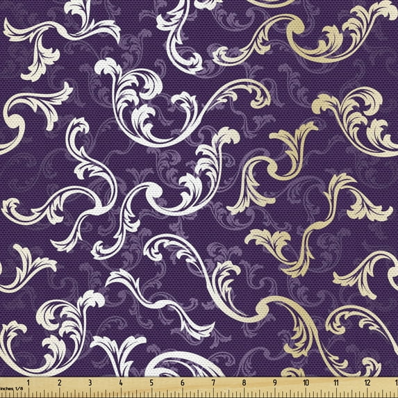 Ambesonne Baroque Fabric by the Yard Upholstery, Lavish Curls on Purple Tone, 1 Yard, Purple Eggplant