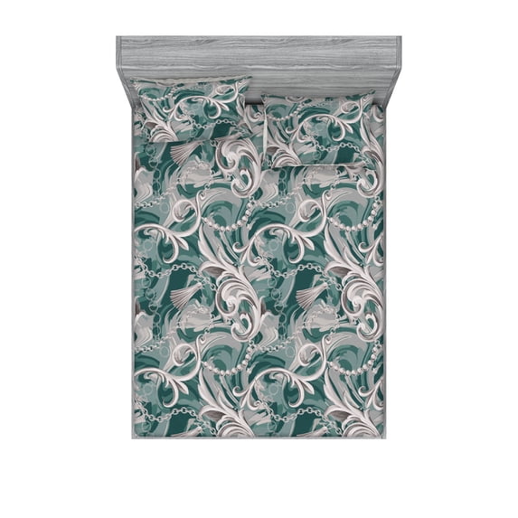 Baroque Fitted Sheet & Pillow Sham Set, Royal Floral Design Curlicue Damask Pattern on Cold Nature Colors Print, Decorative Printed 3 Piece Bedding Decor, Calking, Pale Grey Hunter Green, by Ambesonne