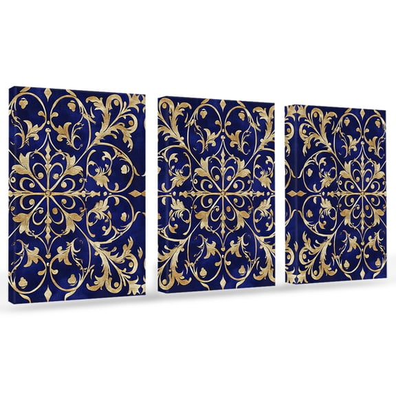 Baroque Floral Canvas Wall Art 3 Panels, Abstract Floral Retro Rustic Navy Blue Framed Wall Decor Modern Artwork Prints Painting for Living Room, Bedroom, Kitchen & Cafe Decor 20" x 24"