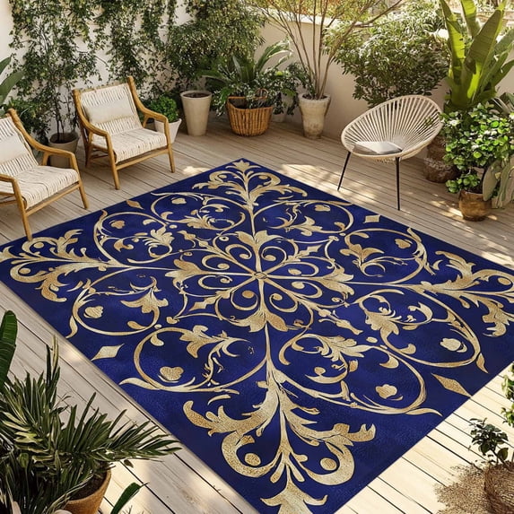 Baroque Floral Outdoor Rug, Abstract Floral Retro Rustic Navy Blue Non ...