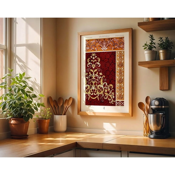 Baroque Floral Scroll Red Gold Wall Decor Unframed Paper Print
