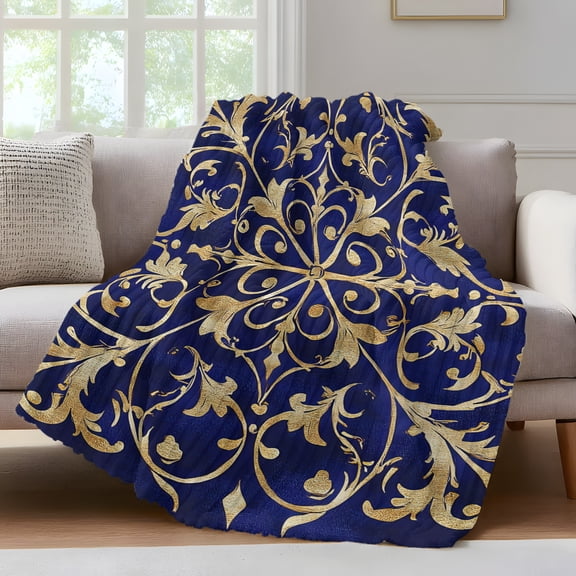 Baroque Floral Throw Blanket for Couch Abstract Floral Retro Rustic Navy Blue Soft and Warm Flannel 3D Striped Fluffy Fuzzy Fleece Blanket Lightweight Throw for Bed, Sofa 50 x 60 Inches