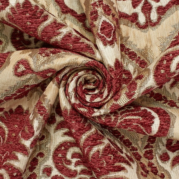 Baroque Floral Two Tone Chenille 57" Heavyweight Upholstery Jacquard Polyester Fabric By The Yard (Beige / Burgundy, 1 Yard)
