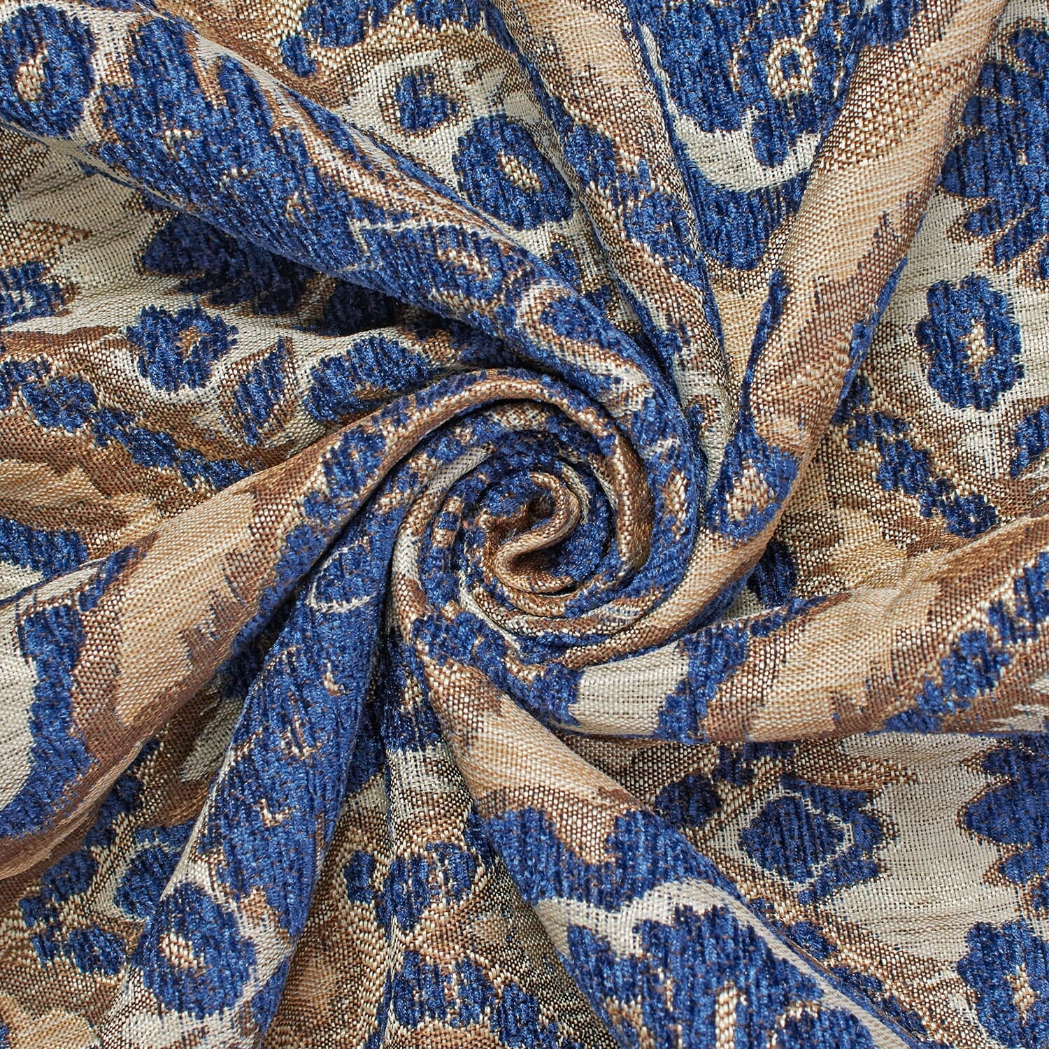 Baroque Floral Two Tone Chenille 57" Heavyweight Upholstery Jacquard Polyester Fabric By The Yard (Beige / Royal Blue, 1 Yard)