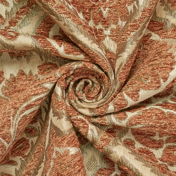 Baroque Floral Two Tone Chenille 57" Heavyweight Upholstery Jacquard Polyester Fabric By The Yard (Beige / Rust, 5 Yards)