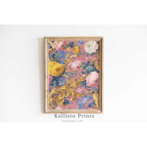 Baroque Floral Wall Art in Pink and Gold Romantic Vintage-Style Print Poster with Roses and Swirls, Luxury Decor for Feminine Spaces, Size 8x12 UNFFRAMED F03.1.6l2999