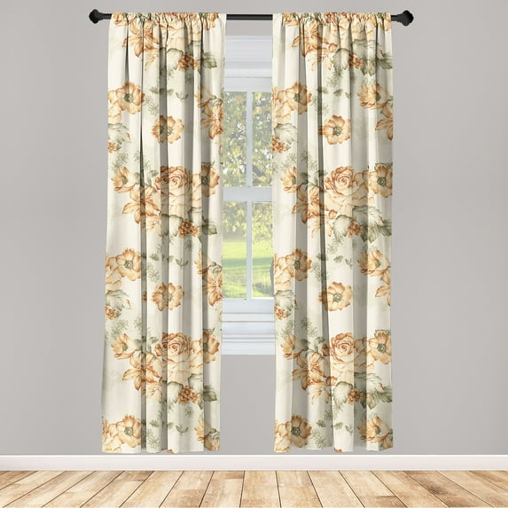 Baroque Floral Window Curtains, Vintage Colors Blooming Rose and Flowers Garden Scene Leafy Art, Lightweight Decor 2-Panel Set with Rod Pocket, Pair of - 28"x63", Reseda Green Dark Peach, by Ambesonne