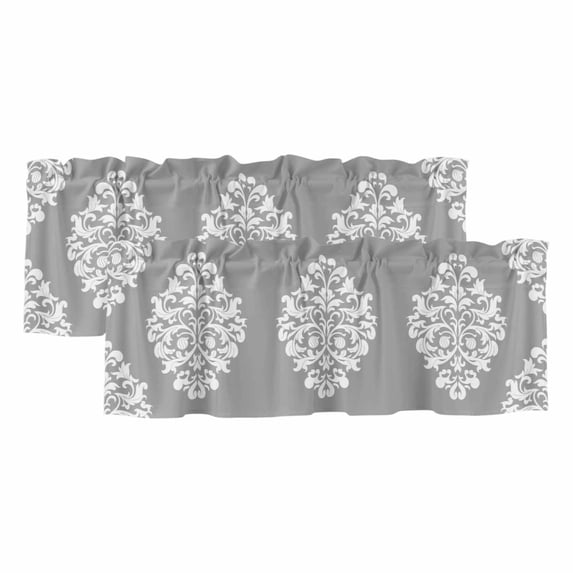 Baroque Grey Curtain Valances for Windows, Kitchen Valance Window Treatments Panel 2 Pack, Vintage Damask Classic Floral Rod Pocket Short Curtains for Bathroom Bedroom 54 x 18 Inch