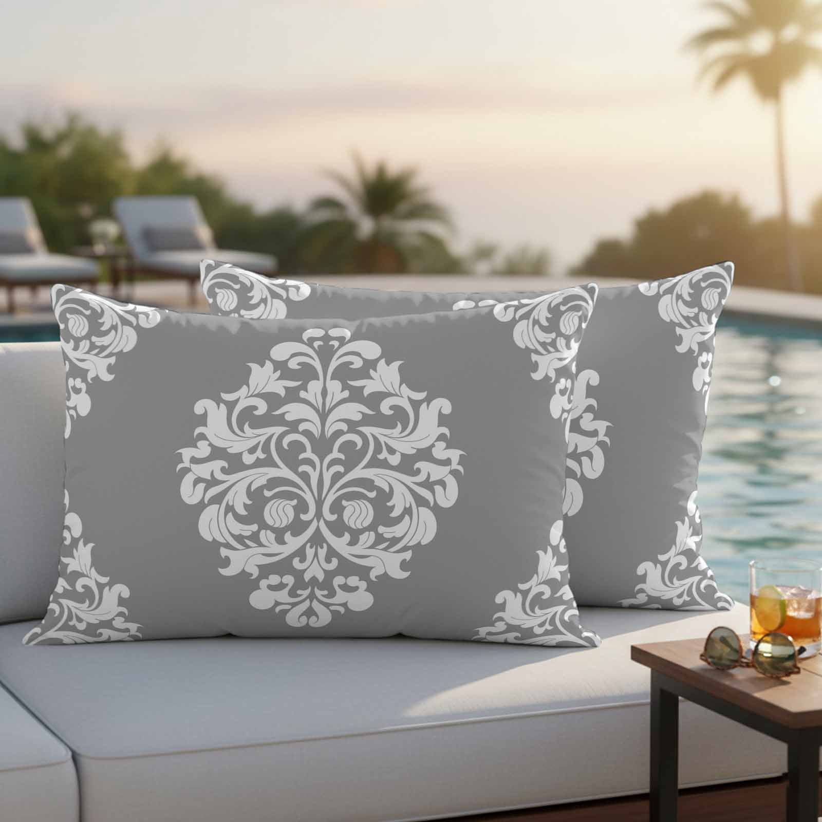 Baroque Grey Outdoor Pillow Covers 20x12 Inch Lumbar Pillow Covers Set of 2 Waterproof Decorative Throw Pillow Cases Vintage Damask Classic Floral Cushion Covers for Patio Furniture Garden Couch Sofa