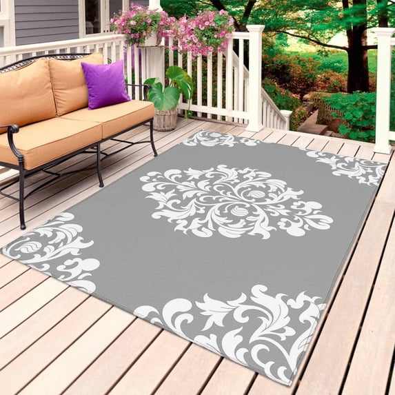 Baroque Grey Outdoor Rug for Patio/Deck/Porch, Non-Slip Large Area Rug 5 x 7 Ft, Vintage Damask Classic Floral Indoor Outdoor Rugs Washable Area Rugs, Reversible Camping Rug Carpet Runner