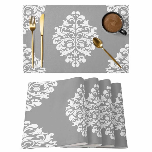 Baroque Grey Placemats Set of 6 Vintage Damask Classic Floral Place Mats Indoor Wipeable Table Mats Washable Cloth Dining Table Placemats for Kitchen Holiday Party Home Decor 13x19 Inch