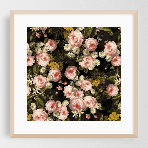 Baroque Midnight Vintage Rose Flowers Garden - Painting Floral Botanical Flowers Garden Vintage Pattern Nature Oak Framed Wall Art Print 20 x 20 inches
