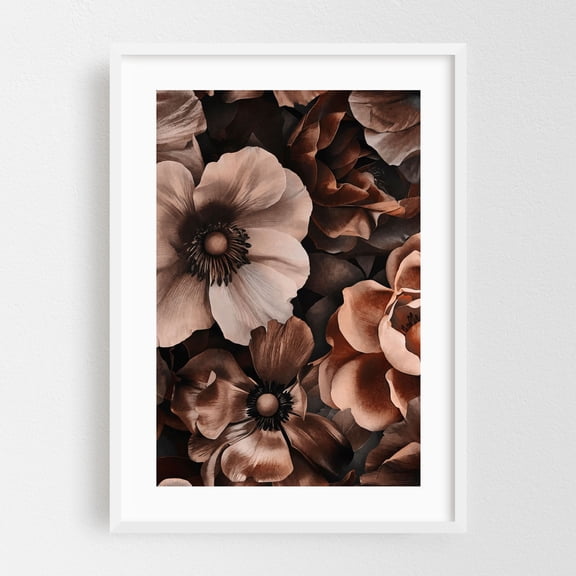 Baroque Opulent Moody Night Garden Brown - Painting Floral Flowers Botanical Vintage Nature Abstract Modern Art White Framed Wall Art Print 24 x 36 inches