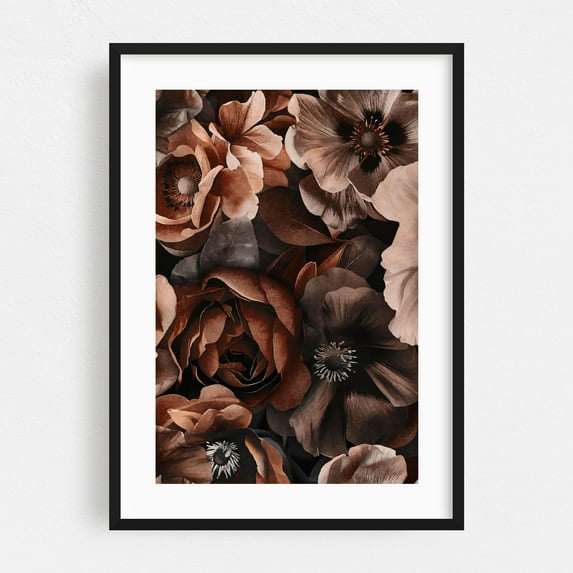 Baroque Opulent Moody Night Garden - Painting Floral Flowers Botanical Vintage Autumn Rustic Modern Art Black Framed Wall Art Print 16 x 24 inches