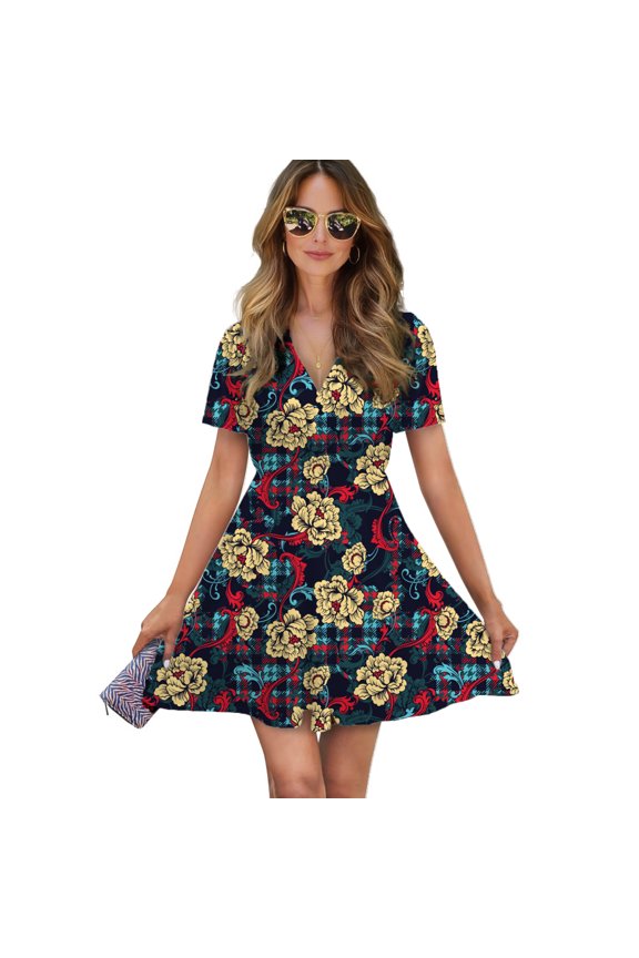 Baroque Ornament Women Dress V-Neck Short Sleeve Flowy Swing Party Midi Dress