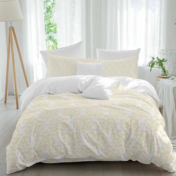 Baroque Pattern Full Size Comforter Set, Yellow Vintage Abstract Flowers Texture Bedding for All Seasons, 4 Pcs Bed Set, 1Quiltcover (86"x86") ,1Sheet(80"x116"), 2Pillowcases (30"x20")