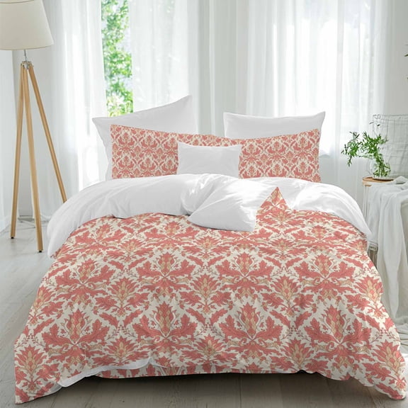 Baroque Pattern Queen Size Comforter Set, Red Vintage Abstract Flowers Texture Bedding for All Seasons, 4 Pcs Bed Set, 1Quiltcover (90"x92") ,1Sheet(94"x116"), 2Pillowcases (30"x20")