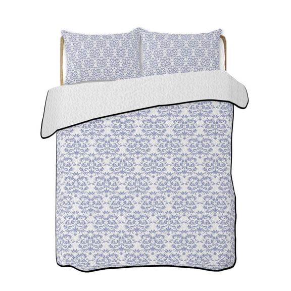 Baroque Pattern Quilts Bedding Set Twin Size Light Blue Vintage Abstract Flowers Texture Lightweight Quilted Bedspread 3 Piece Bed Quilt with 2 Pillow Shams All Season for Bedroom 68" x 86"