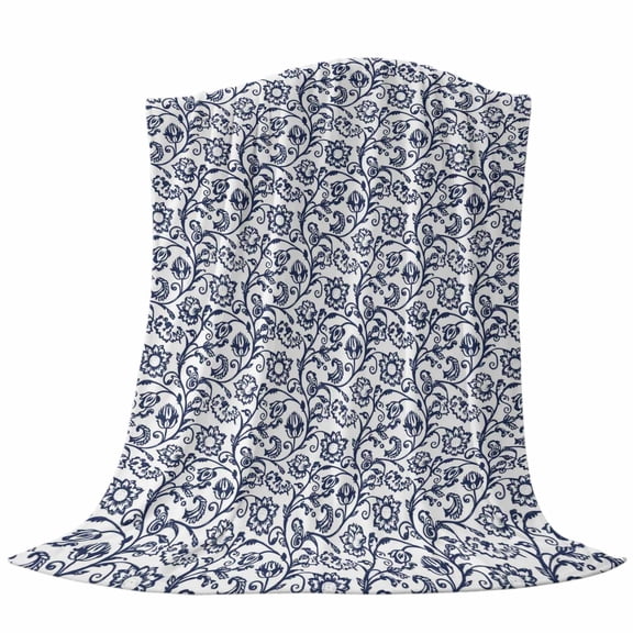 Baroque Pattern Throw Flannel Blanket Blue Vintage Abstract Flowers Texture Super Soft Cozy Bed Blanket, Lightweight Plush Fuzzy Bed Throw for Bedroom Sofa Couch Living Room 60x80In,
