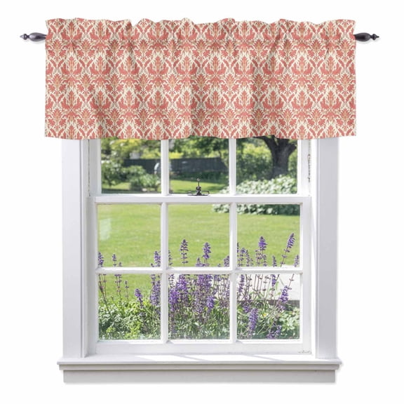 Baroque Pattern Valances for Windows, Red Vintage Abstract Flowers Texture Valance Window Treatment Rod Pocket Short Curtains Valances for Kitchen Bathroom 42"W x 18"L