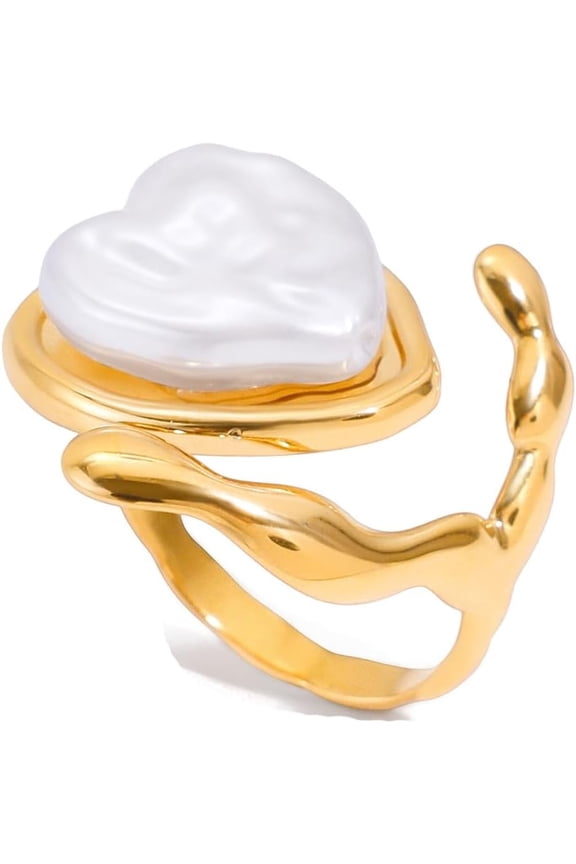 Baroque Pearl Heart Statement Open Ring Band for Women Stainless Steel Imitation Freshwater Pearl Hearted Expand Adjustable Finger Bands Elegant Wedding Promise Love Rings Fashion Anniversary Jewelry