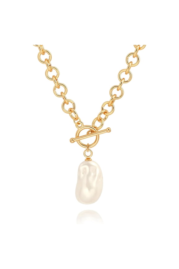 Baroque Pearl Pendant Necklace for Women, 18K Gold/Silver Plated Chunky Chain Link Necklace, Adjustable Toggle Statement Necklace, Trendy Jewelry Gift