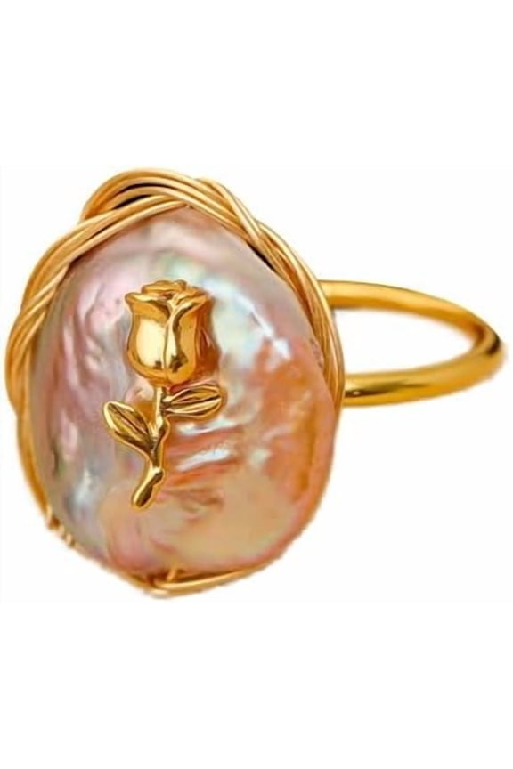 Baroque Pearl Ring Vintage Oval Pearl Rose Floral Statement Finger Bands Geometry Disc Circle Adjustable Open Band Rings Jewelry for Women