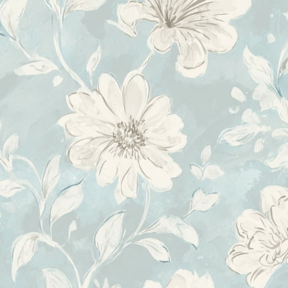 Baroque Peel and Stick Wallpaper Soft Blue Floral White Daisies Leaves vintage whimsical Wall Mural 23.6in x 9.8ft Self Adhesive Removable Wall Paper Renter Friendly Wallpaper for Bedroom