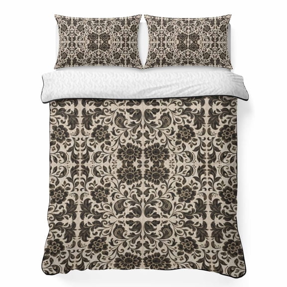 Baroque Print 3 Piece Quilt Bedding Set with 2 Pillow Shams, Vintage Damask Textile Brown Beige Abstract Floral Lightweight Bedspread Coverlet, Soft Breathable All Season Quilt, 68 x 98 Inch
