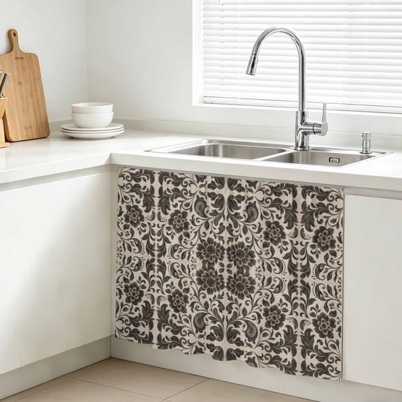 Baroque Print Cabinet Curtain, Vintage Damask Textile Brown Beige Abstract Floral Sink Skirt for Bathroom, Under Sink shelf Curtain Privacy Drape for Kitchen Laundry Room 10x11in