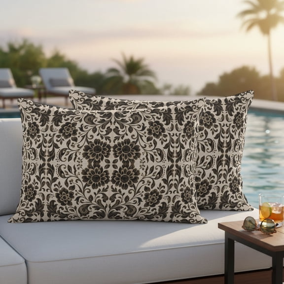 Baroque Print Outdoor Waterproof Throw Pillow Covers Set of 2, 20"x12", Vintage Damask Textile Brown Beige Abstract Floral Decorative Pillow Covers Outside Cushion Case for Patio Porch Garden