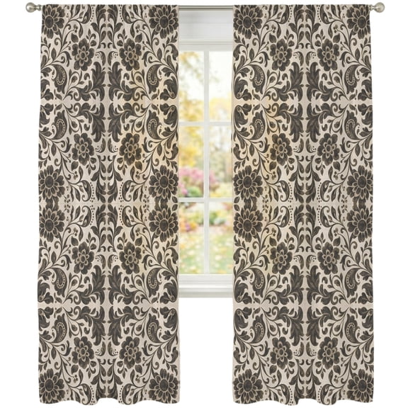 Baroque Print Sheer Curtains 108 Inches Long 2 Panels, Vintage Damask Textile Brown Beige Abstract Floral Semi Sheer Rod Pocket Window Curtains Light Filtering Drapes for Living Room Bedroom