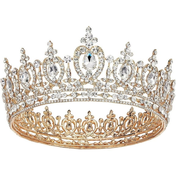 Baroque Queen Crown for Women, Wedding Tiara for Bride, Crystal Rhinestone Hair Accessories Cake Topper for Quinceanera Pageant Costume Party, Gold