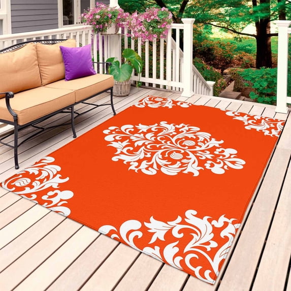 Baroque Red Outdoor Rug 5x7 Ft, Non Slip Washable Area Rug, Vintage Damask Classic Floral Patio Rugs Carpet Runner, Large Floor Mat for Indoor/Outdoor Deck Porch Camping