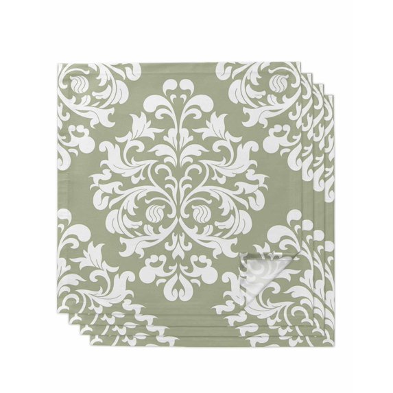 Baroque Sage Green Cloth Napkins Set of 4 Reusable Dinner Napkins, Vintage Damask Classic Floral Cocktail Napkin Washable Table Napkins for Wedding/Holiday Party/Baby Shower 20"x20"